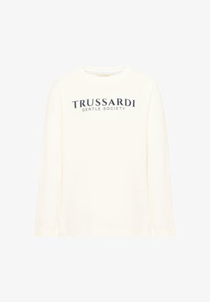 Witte longsleeve met ronde hals en zwarte tekst "TRUSSARDI GENTLE SOCIETY" in het midden van de borst.