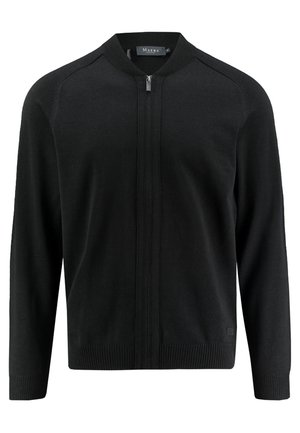 Sort strikket cardigan med lynlås, ribbet krave og manchetter samt glat tekstur. Har et diskret logo på den nederste højre søm.