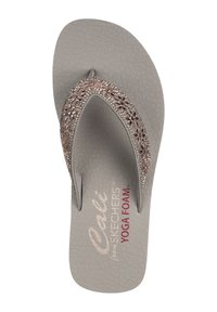 Grijze flip-flop met decoratieve roségouden versieringen en een yogaschuimzool voor comfort. Soepele textuur met een bloemmotief op de band.