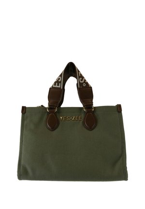 Borsa rettangolare verde con manici in pelle marrone e logo "YES·ZEE" in lettere dorate sul davanti.
