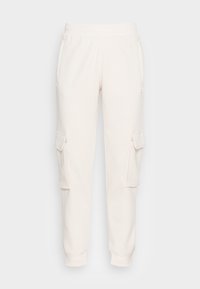 Ljusbeige cargobyxor i mjuk bomullsblandning med två sidofickor, elastisk midja och ribbade muddar. Minimalistisk design.