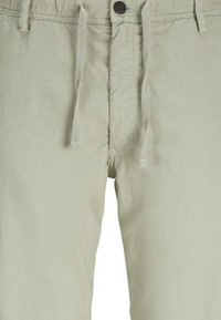 Shorts en coton vert clair avec un cordon de serrage à la taille et une fermeture à bouton. Présente une texture lisse et un design décontracté.