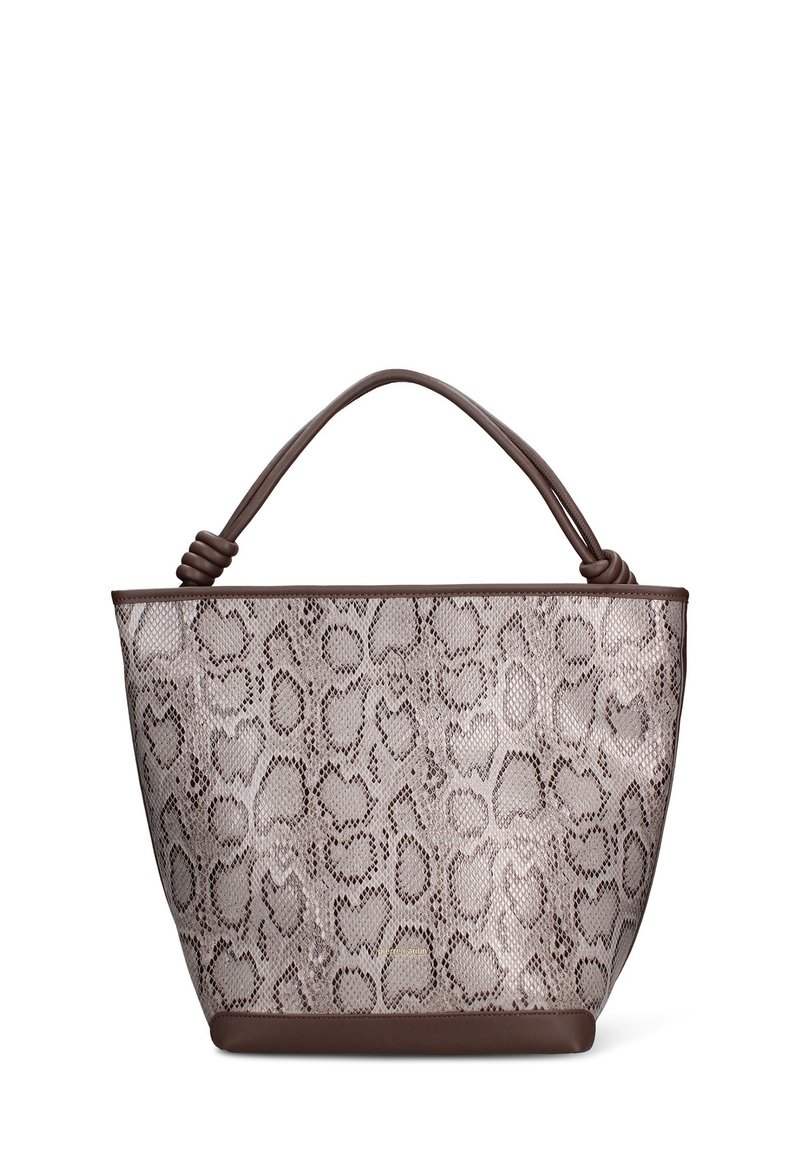 Borsa a tracolla con stampa leopardata realizzata in materiale testurizzato con base marrone solida. Presenta due manici con dettagli annodati sulla parte superiore.