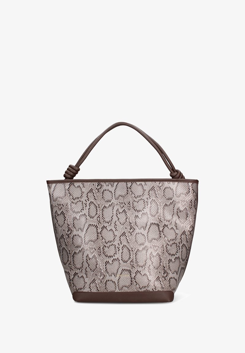 Borsa a tracolla con stampa leopardata realizzata in materiale testurizzato con base marrone solida. Presenta due manici con dettagli annodati sulla parte superiore.