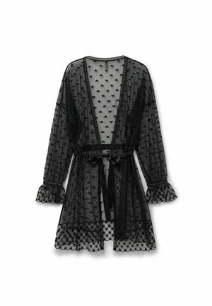 Zwarte doorschijnende jurk met hartvormig gaas, lange mouwen, ruches aan de manchetten en een satijnen striklint in de taille, weergegeven op een witte achtergrond.