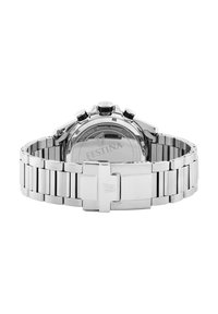 Orologio in acciaio inox argentato con superficie lucidata, dotato di bracciale solido, pulsanti cronografo e retro cassa inciso con il logo.