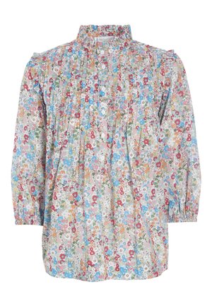 Women's floral blouse with high ruffled collar, front buttons, pintuck pleats, 3/4 puffed sleeves with elastic cuffs, and multicolor small flowers.