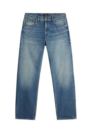 Straight-leg blue denim jeans with faded wash, five pockets, and button closure on a white background.