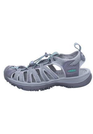 Gray waterproof sandal with mesh upper, adjustable elastic cord, contoured sole, and rubber outsole for traction. Features side logo accent.