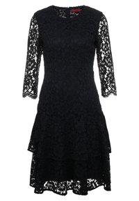 Robe en dentelle noire avec des manches trois-quarts, un col rond, une jupe superposée, un motif floral et une fermeture éclair à l'arrière.