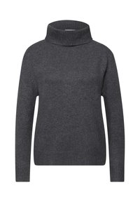 Mørkegrå, ribstrikket rullekravebluse med lange ærmer og en afslappet pasform. Fremstillet af et blødt, tekstureret strikket materiale.