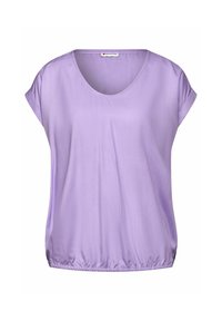 Haut lavande à manches courtes avec un col rond et un ourlet froncé. Fabriqué en tissu doux avec une texture lisse et une coupe décontractée.