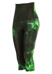Hochtaillierte Crop-Leggings in Schwarz mit grünem geometrischen Muster. Hergestellt aus elastischem Stoff mit glatter Textur und verstärkten Nähten.