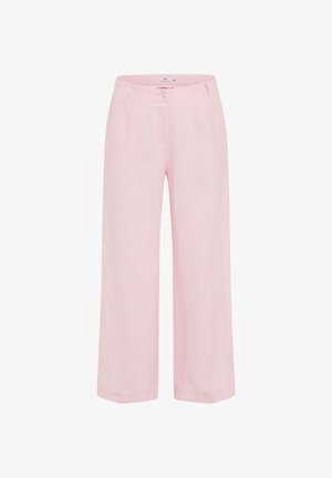 Pantaloni in lino rosa chiaro a gamba larga con passanti per cintura, chiusura con bottone e zip, mostrati su sfondo bianco.