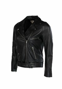 Melnas ādas motociklista jaka ar plašu apkakli, slīpiem rāvējslēdzējiem un jostu viduklī. Ir rāvējslēdzēju kabatas un gluda tekstūra.