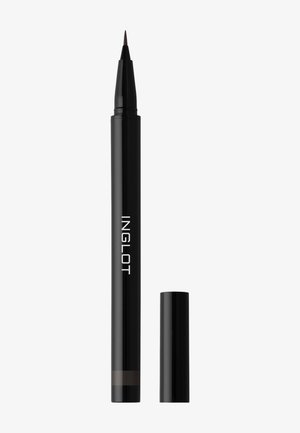 Stylo eyeliner liquide noir avec une fine pointe pinceau et un capuchon retiré à côté, étiqueté "INGLOT" sur le côté.