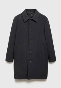 Abrigo de lana gris oscuro con cuello camisero, cierre de botones, dos bolsillos laterales y un corte holgado. Acabado de tejido no texturizado.