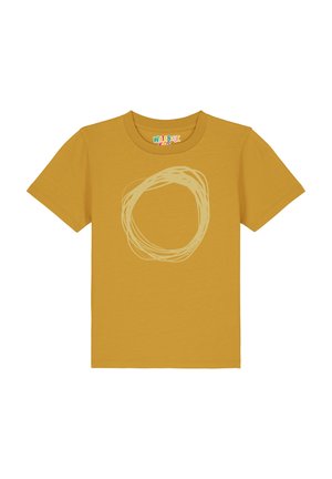 Mosterdgeel T-shirt van katoen met een ronde, lichtbeige abstracte spiraalvorm in het midden en een ronde hals.