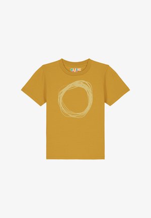 T-shirt jaune moutarde en coton avec un motif abstrait beige clair en spirale au centre et un col rond.