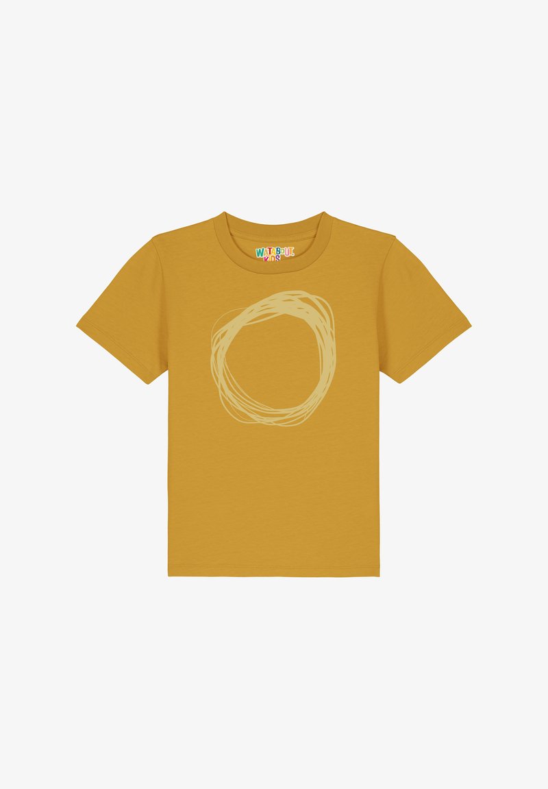 Senfgelb T-Shirt aus Baumwolle mit einem runden, hellbeigen, abstrakten Wirbel-Design in der Mitte und einem Rundhalsausschnitt.