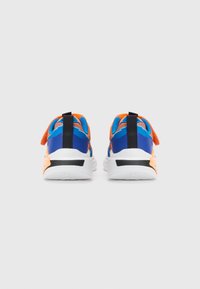 Blue and orange athletic shoes with a mesh upper, black accents, and white soles. Features pull tabs and textured rubber outsoles.