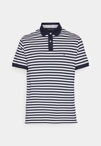 Pánská polokošile s krátkým rukávem v námořnické modré barvě s bílými vodorovnými pruhy, námořnickým límcem, zapínáním na dvě knoflíky a malým logem na hrudi.