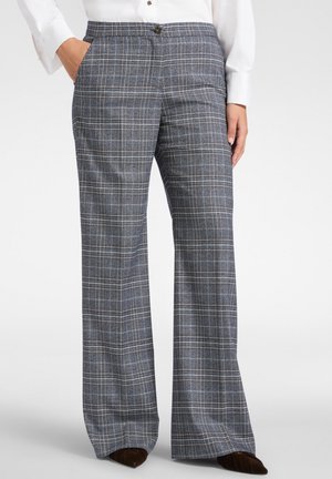 Pantalones de cuadros en azul marino y gris con una cintura ajustada, piernas anchas y un patrón de cuadro sutil. Cuentan con un cierre de botón en la parte delantera y bolsillos.