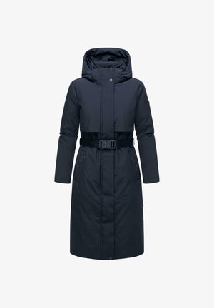 Granatowy ocieplany płaszcz z kapturem, z zamkiem błyskawicznym i zapięciem na guziki, w talii z paskiem, z dwoma bocznymi kieszeniami. Gładka tekstura i długość do kolan.