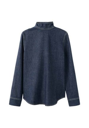 Camicia in denim scuro con maniche lunghe, colletto alla coreana e orlo curvo. Presenta cuciture visibili lungo le cuciture. Design semplice e classico.