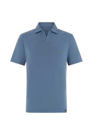 Polo à manches courtes bleu avec col en V, présenté sur un fond blanc.