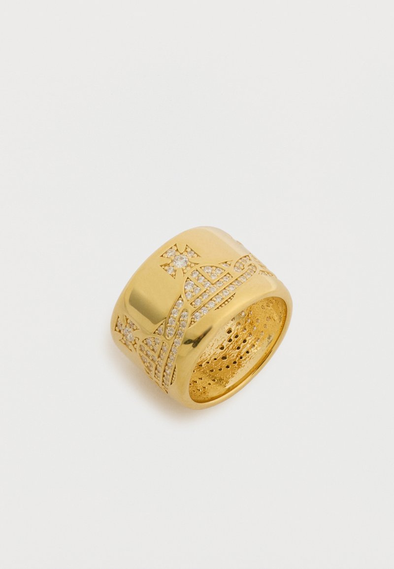 Wide gold ring with intricate engraved patterns and embedded small sparkling stones, shown on a plain white background.