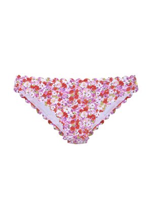 Blühende Bikini-Höschen mit einem Muster in Rosa, Weiß und Lila, mit einem gewellten Rand und aus leichtem, weichem Stoff gefertigt.