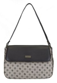Borsa a spalla in pelle nera con corpo in tessuto grigio a fantasia, dotata di chiusura magnetica e di una sottile tracolla regolabile. Design floreale notevole.