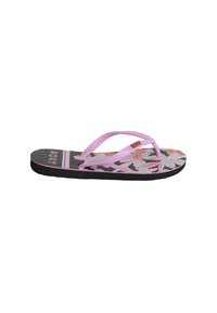 Rosa flip-flop med blommönster på en svart bas, med tunna remmar och en texturerad fotbädd, märkt med "Roxy."