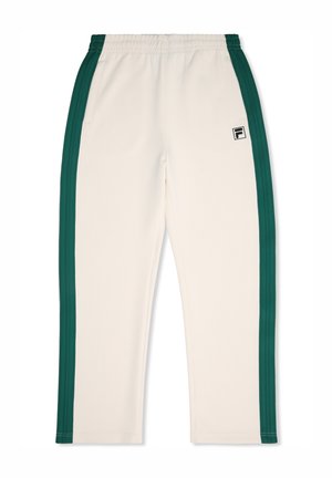 Weiße Jogginghose mit dunkelgrünen Streifen an den Seiten, elastischem Bund und Fila-Logo auf dem linken Oberschenkel. Hergestellt aus weichem, glattem Stoff.