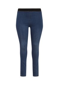 Leggings en denim avec une taille élastique noire, coupe slim et design longueur cheville dans une couleur bleu foncé. Texture lisse sans motifs.
