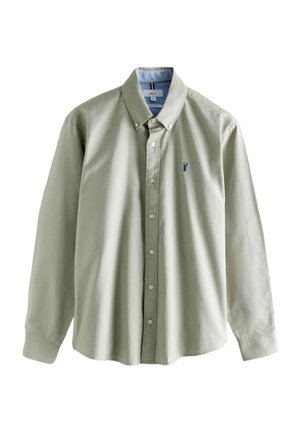 Chemise vert clair en coton, avec un col pointu, des manches longues et un petit logo bleu sur le côté gauche de la poitrine.