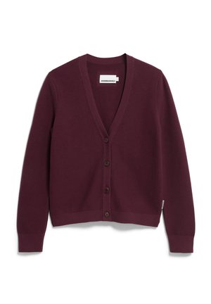 Burgunderfarbener Cardigan aus weichem Strickstoff, mit V-Ausschnitt, sechs braunen Knöpfen auf der Vorderseite und gerippten Bündchen sowie Saum.
