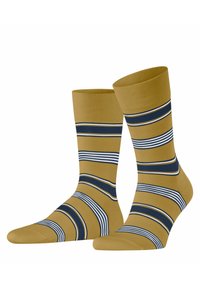 Baumwollsocken in Senfgelb mit horizontalen blauen und weißen Streifen. Mit geripptem Bündchen und glattem Stoff für hohen Tragekomfort.