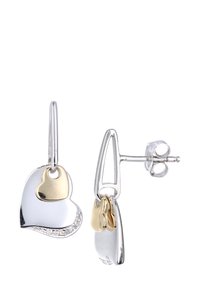 Sudraba un zelta nokrās sirdītēm līdzīgas auskaras, kas rotātas ar gludu apdari, mazām caurspīdīgām dārgakmeņiem un āķa dizainu drošai valkāšanai.