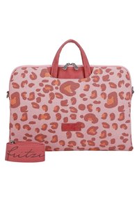 Laptoptas i pink stof med orange leopardmønster, med dobbelte øverste håndtag og en aftagelig rem. Lynlåslukning og logoemblem.