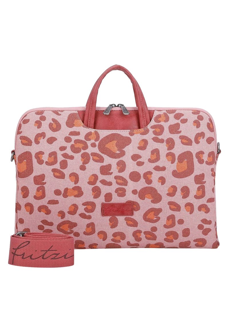 Laptoptas i pink stof med orange leopardmønster, med dobbelte øverste håndtag og en aftagelig rem. Lynlåslukning og logoemblem.
