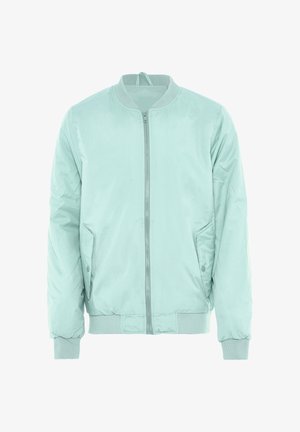 Svetlo mätovo zelená bomber bunda vyrobená z lesklej tkaniny, s predným zipsom, bočnými vreckami a elastickými manžetami a spodným lemom.
