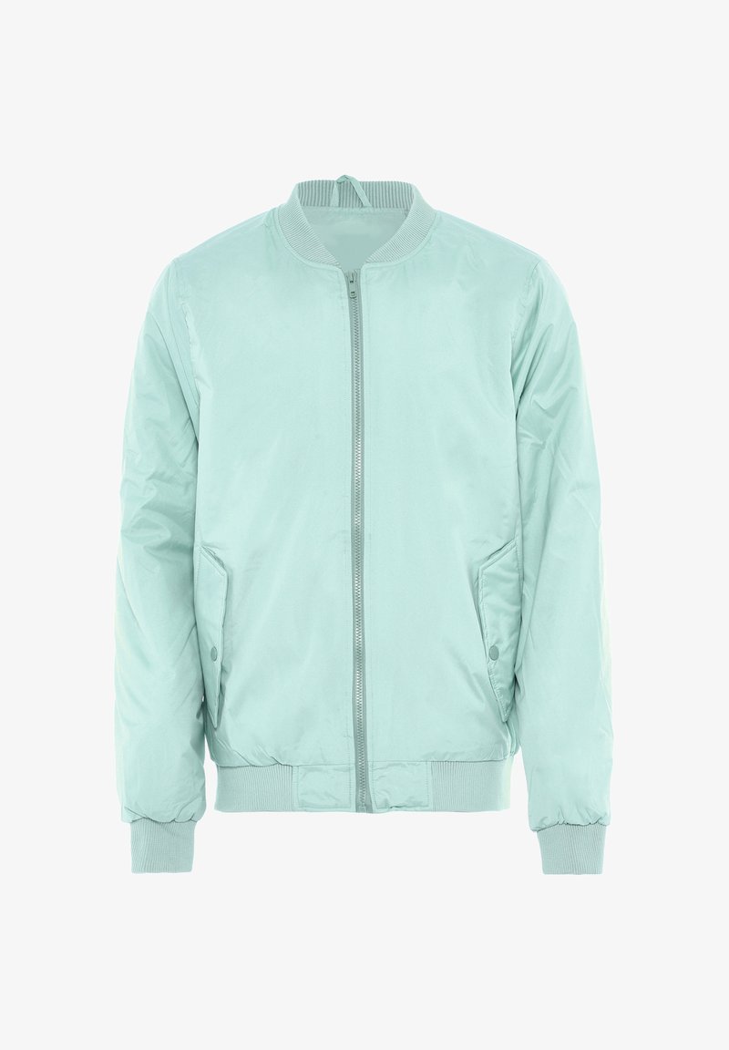 Gaišas mentolu zaļš bumbieru jakas izgatavota no spīdīga auduma, ar priekšējo rāvējslēdzēju, sānu kabatām un elastīgiem piedurknēm un apakšmalu.