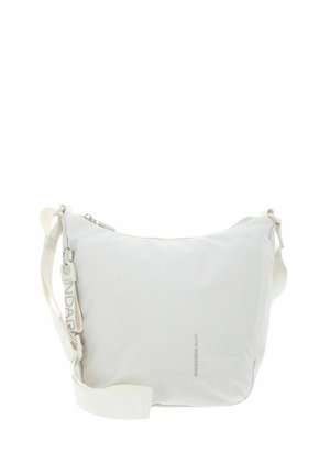 White fabric shoulder bag with a textured surface, rectangular shape, zip closure, and adjustable strap. Features logo on the side.