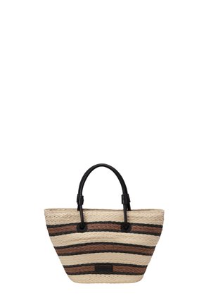 Sac cabas en paille tressée avec des rayures horizontales marron et noir alternées, deux poignées en cuir noir et une petite étiquette à l'avant.