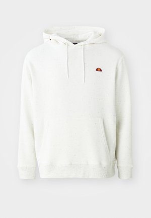 White speckled hoodie with a front pocket, adjustable drawstring hood, and a small multi-colored logo on the left chest.