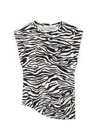 Zwart-witte zebraprint T-shirt met een ronde halslijn en cap sleeves, gemaakt van zachte stof, met een vloeiende, gebogen zoom.