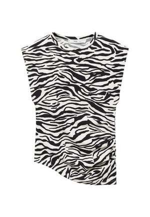 Black and white zebra print T-shirt with a round neckline and cap sleeves, made from soft fabric, featuring a flowing, curved hemline.