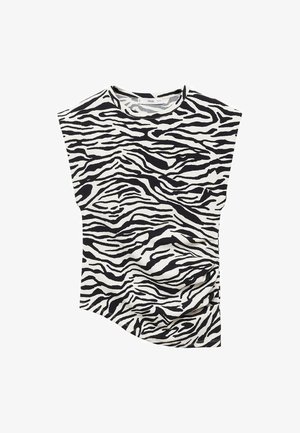 Black and white zebra print T-shirt with a round neckline and cap sleeves, made from soft fabric, featuring a flowing, curved hemline.